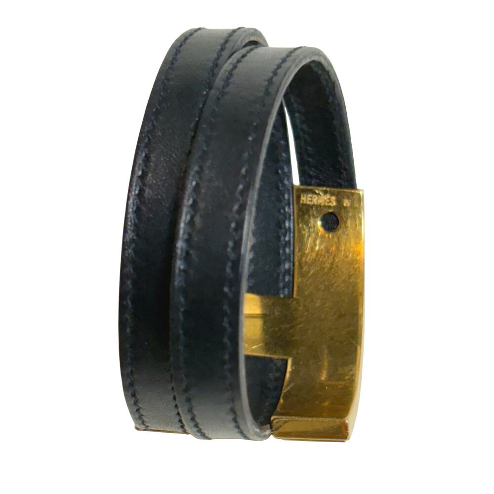 Hermes Pousse Pousse Adjustable Black Leather H Bracelet Gold Hardware - Picture 3 of 4